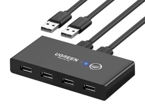UGREEN USB 2.0 Sharing Switch, 2 Computers 4 Port USB Peripheral Switcher Adapter for PC, Printer, Scanner, Mouse, Keyboard with One-Button Swapping and 2 Pack USB A to USB A Cable
